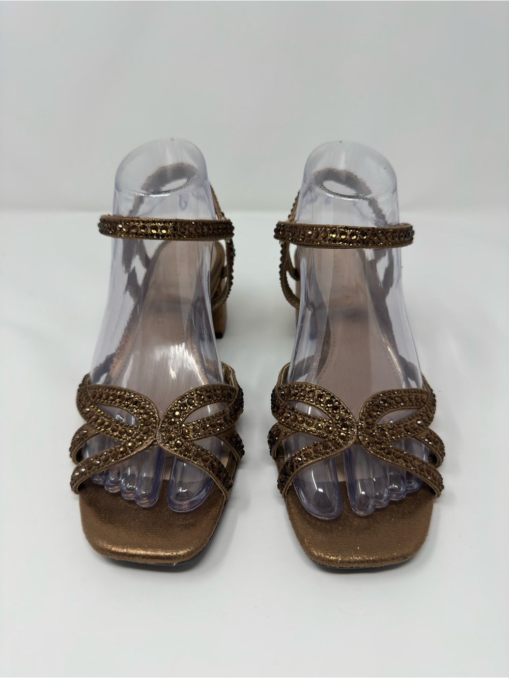 Formal Rhinestone Sandals Block Heel Size 6.5 Bronze Cocktail Wedding Prom Glam